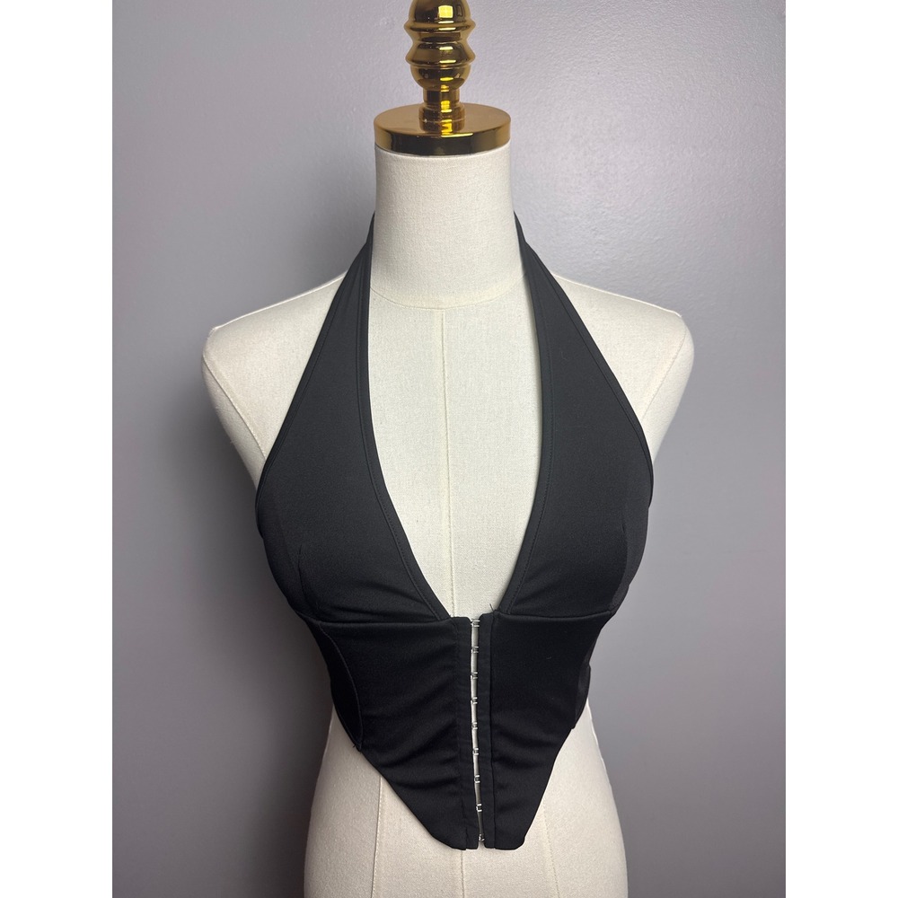 SHEIN Halter Corset Top Womens XS Black Excellent Hook and Eye Deep V Hem